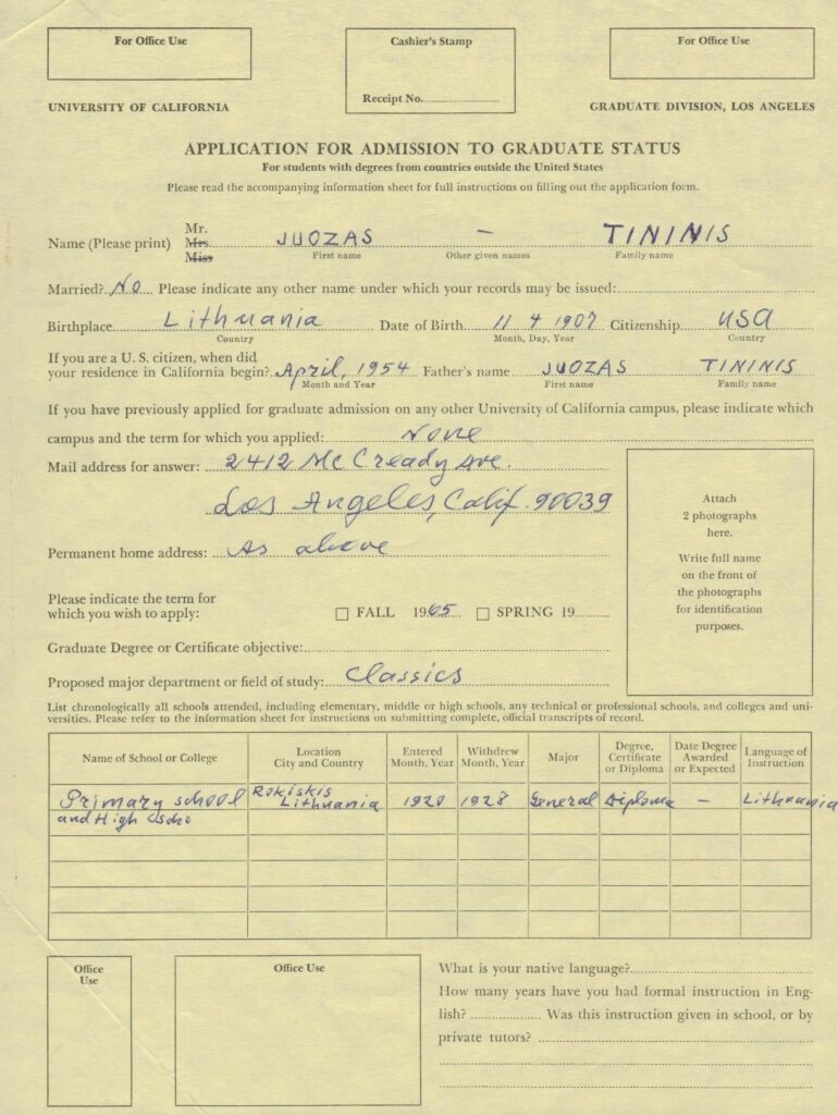 J. Tininio anketa išsilavinimo patvirtinimui. JAV. 1965 m. BBR P7156