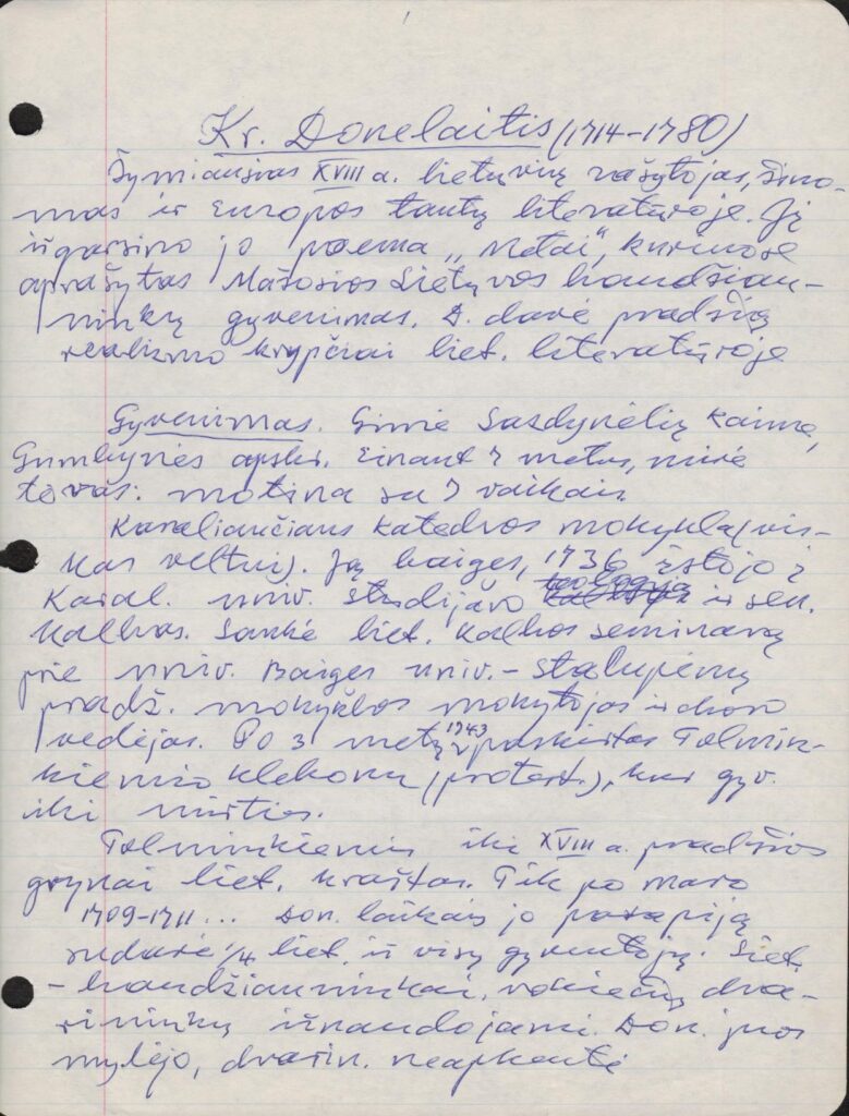 J. Tininio paskaitų užrašai apie K. Donelaitį. BBR10029