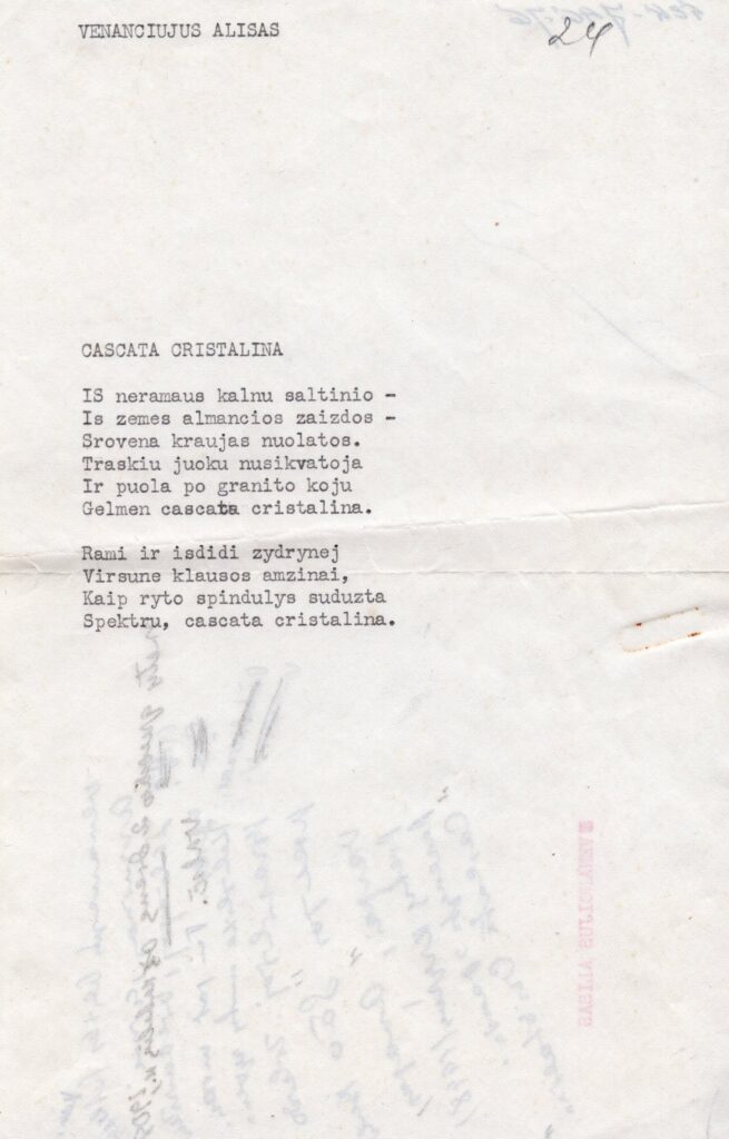 V. Ališo eilėraštis Cascata Cristalina. Vokietija, apie 1953 m. MLLM 74676