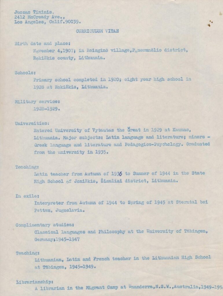 J. Tininis. Curriculum Vitae. Anglų k. BBR P7155