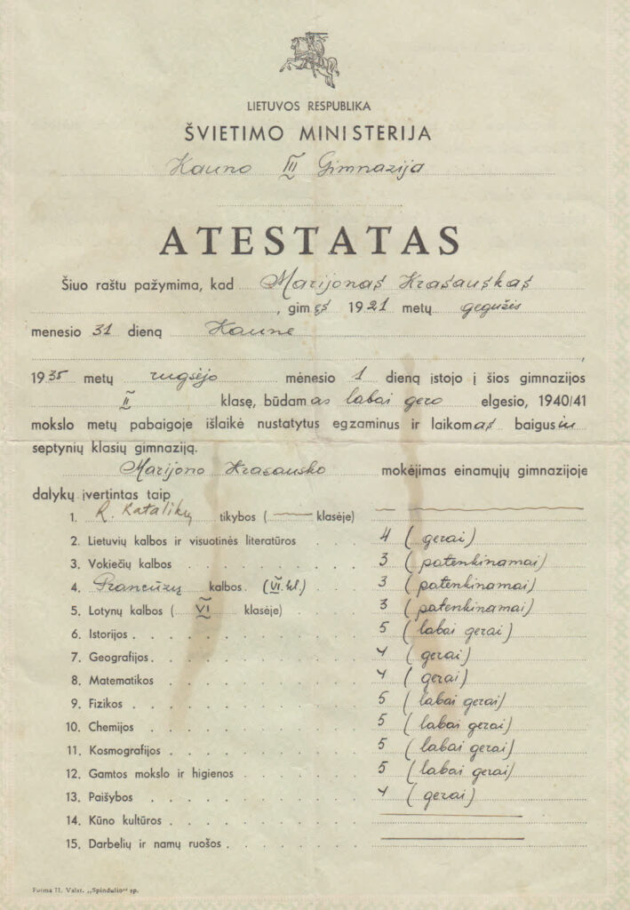 Kauno III gimnazijos atestatas 1941 08 01