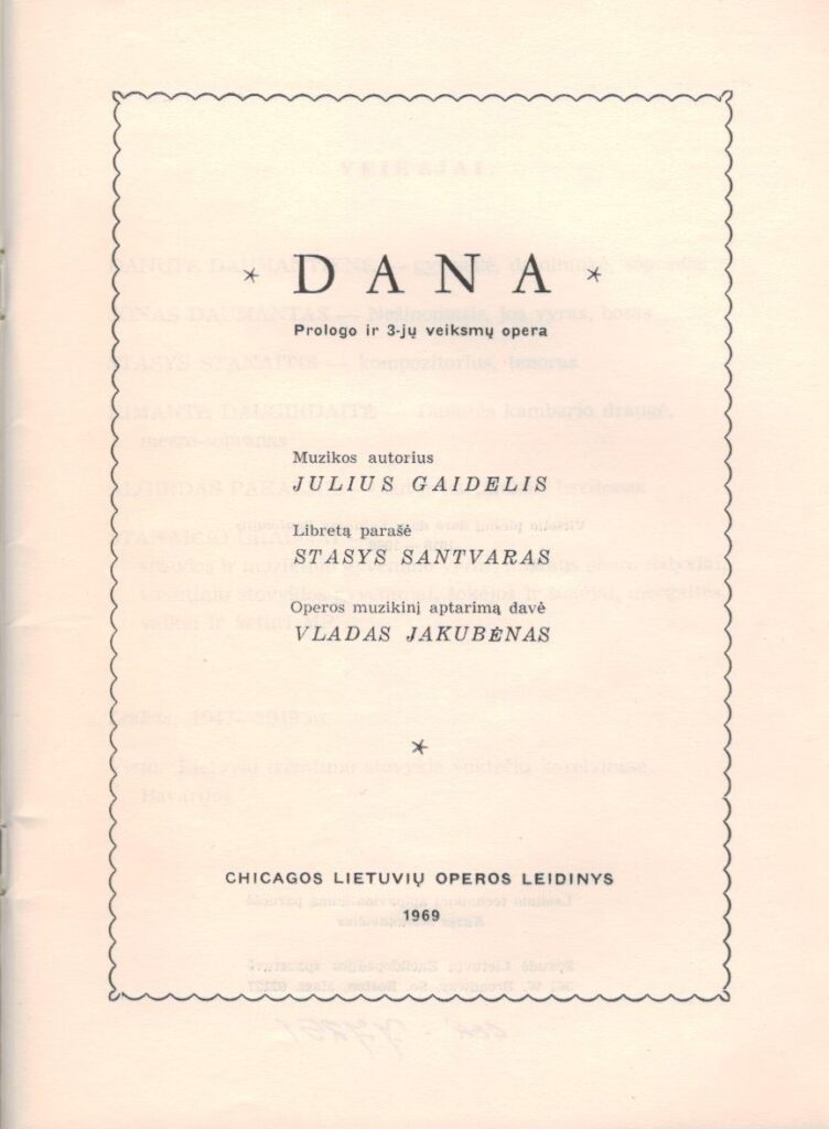Čikagos lietuvių operos leidinio, skirto operai „Dana“, titulinis puslapis. 1969 m. MLLM 77251