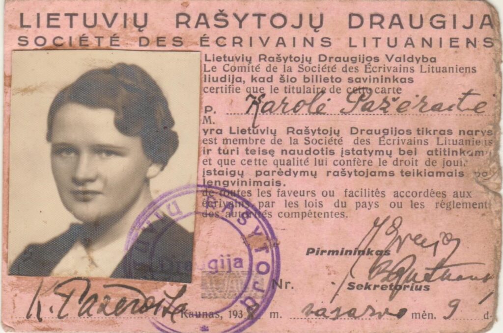 K. Pažėraitės Lietuvių rašytojų draugijos pažymėjimas. Kaunas, 1938-02-09. MLLM 132825