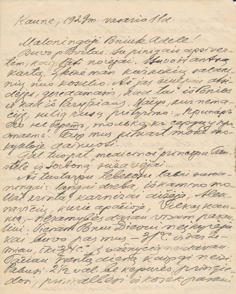 Vaižganto laiškas operos solistei Adelei Galaunienei. 1929 m. MLLM 7438/1
