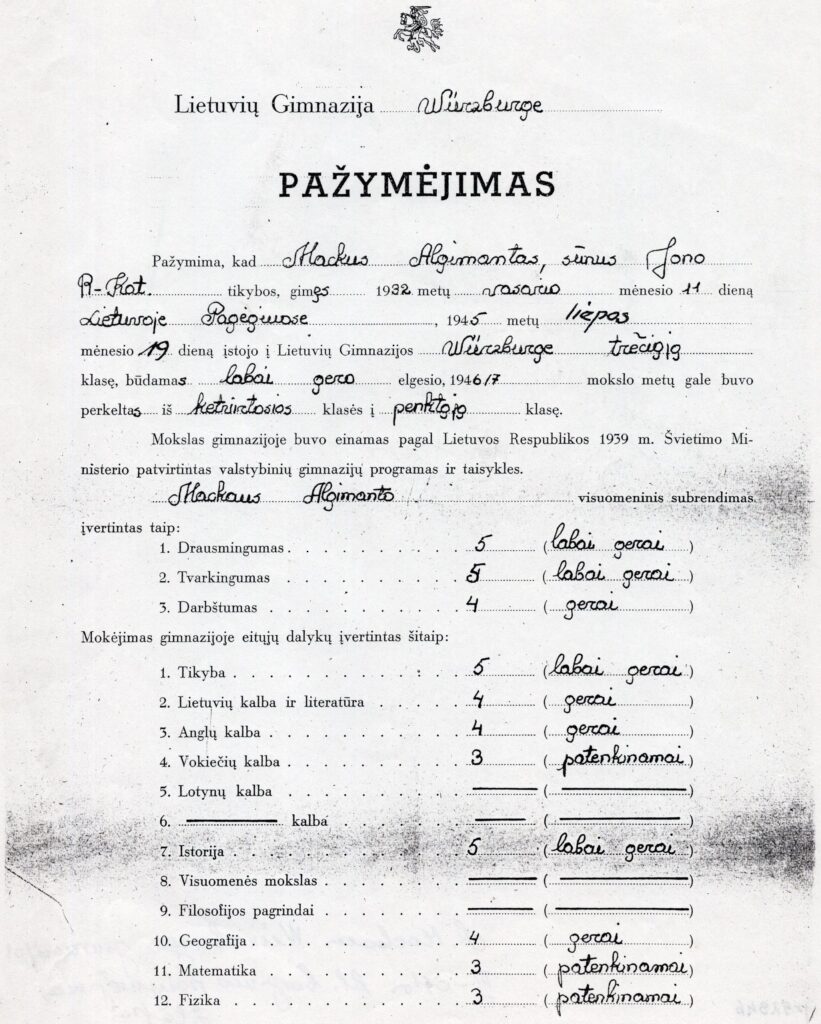 Lietuvių gimnazijos Wurzburge pažymėjimas, išduotas A. Mackui. P52846; Originalas LTSC