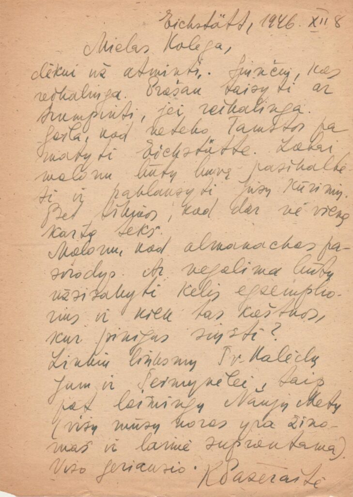 K. Pažėraitės ranka rašytas laiškas B. Brazdžioniui. Vokietija, Eichstätt, 1946-12-8. BBR 8080