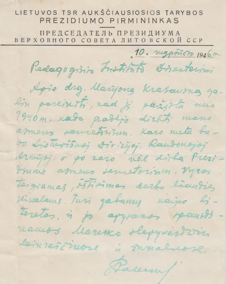 9. LTSR Aukščiausio prezidiumo pirmininko rekomendacija Pedagoginio instituto direktoriui, 1946 08 10