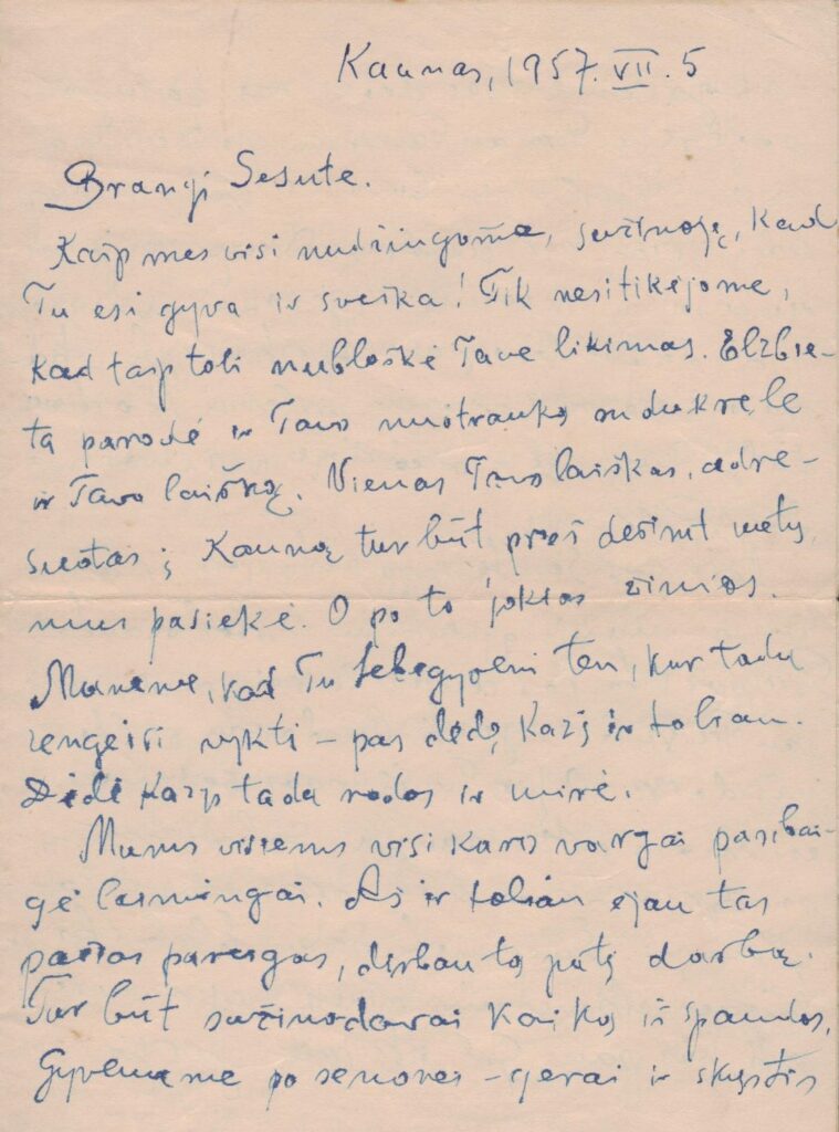 V. Mykolaičio-Putino laiškas M. M. Mykolaitytei. Kaunas. 1957.07.05. MLLM 121000 / ER1 32619