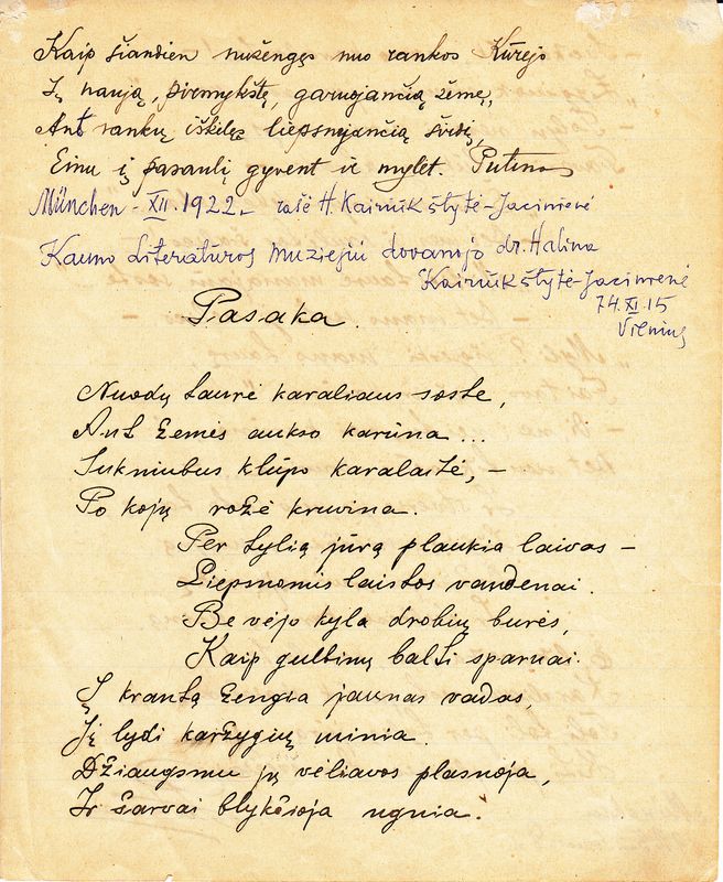 V. Mykolaičio rankraštis. Eilėraštis „Pasaka“. MLLM 16405