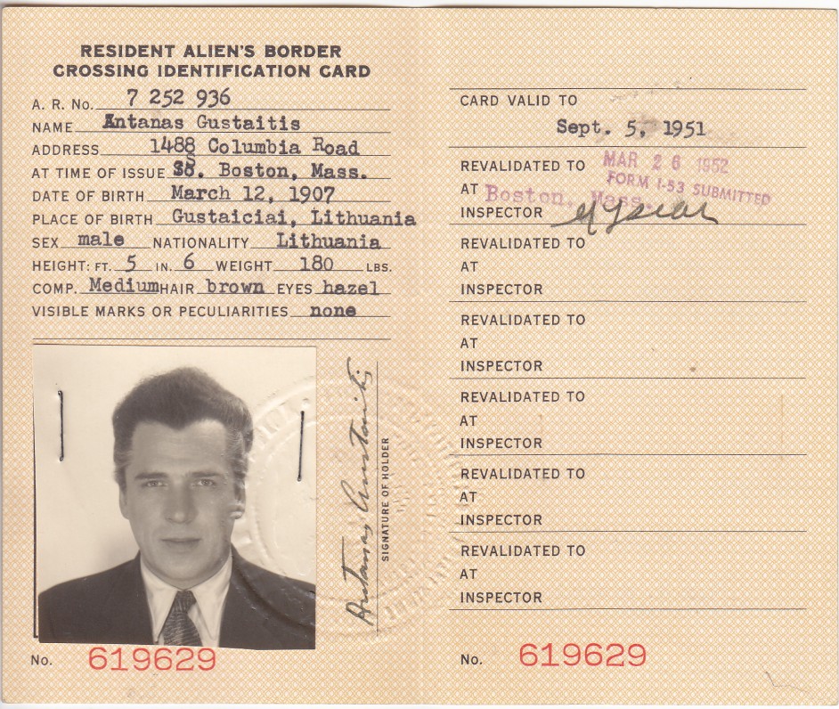 A. Gustaičio asmens tapatybės kortelė. JAV. 1951 09 05