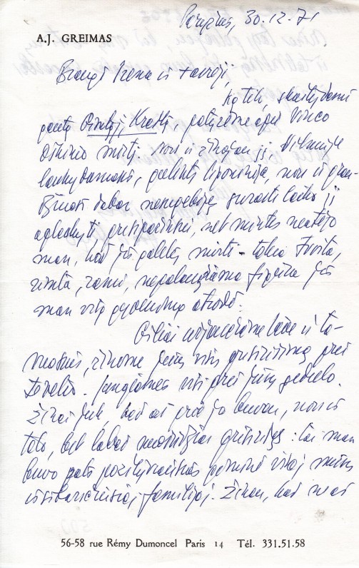 A. J. Greimo laiškas Irenai Oškinaitei-Būtėnienei
