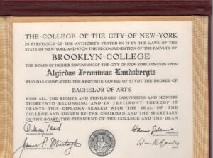 A. Landsbergio Kolumbijos universiteto baigimo diplomas