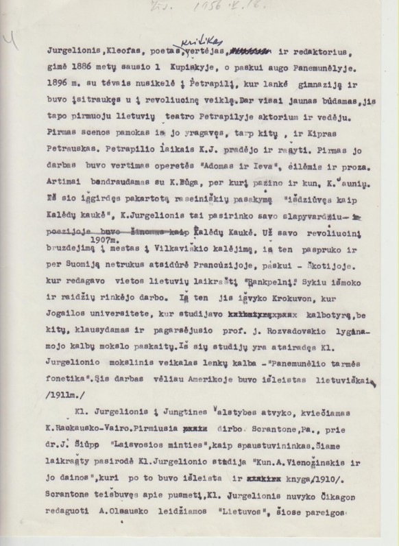 A. Vaičiulaičio rašyta K. Jurgelionio biografija. 1956 m.