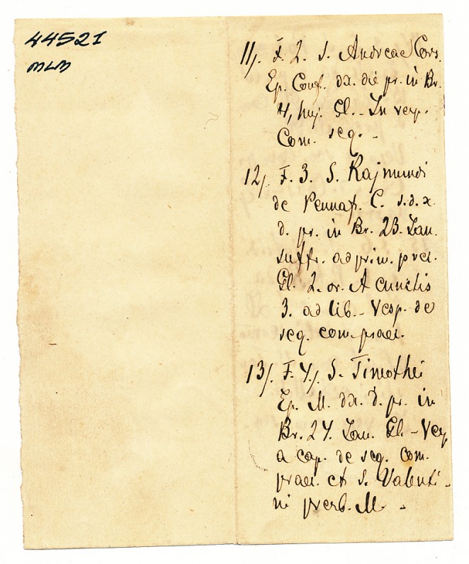 A. Vienažindžio ranka juodu rašalu rašytas raštelis lotynų kalba, rastas knygoje „Breviarium Romanum“ (pirma pusė)