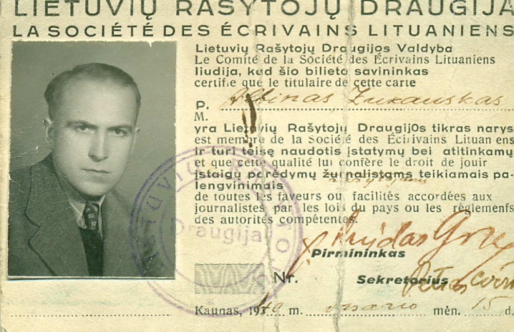 A. Žukausko Lietuvių rašytojų draugijos nario pažymėjimas. Kaunas, 1940 02 15