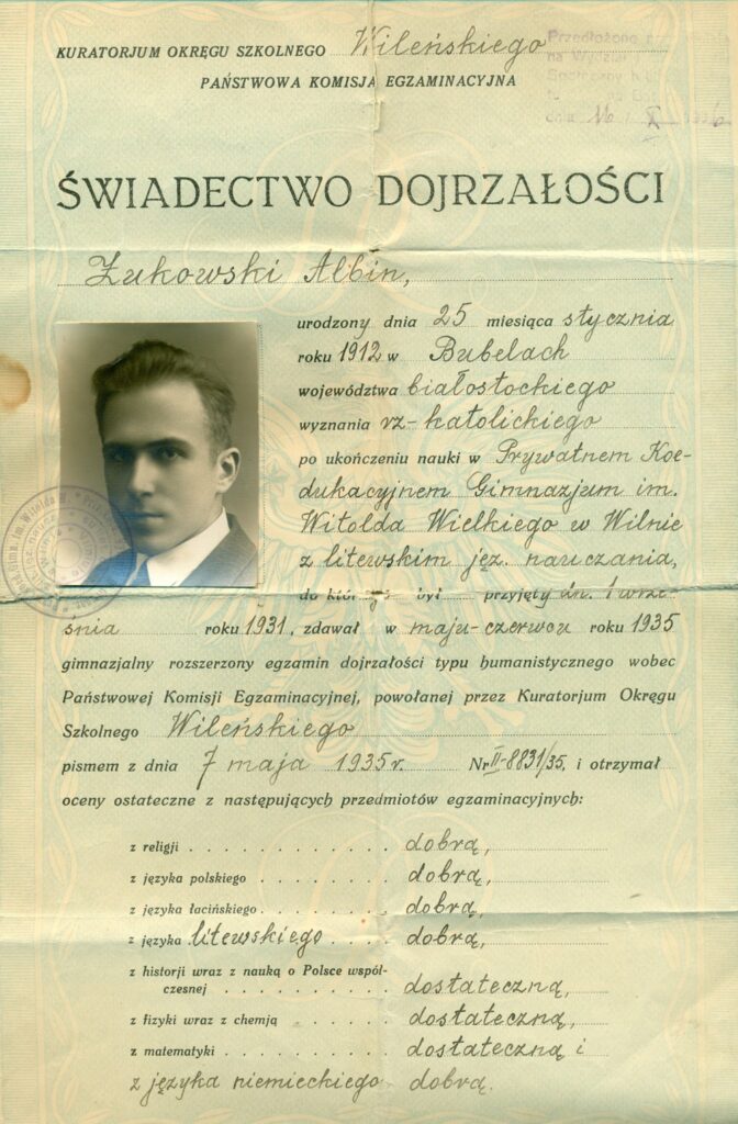 A. Žukausko Vilniaus Vytauto Didžiojo gimnazijos atestatas. Vilnius, 1935 05 07
