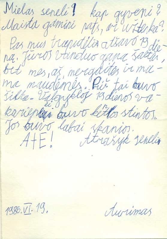 A. Žukausko anūko Aurimo Nogio laiškas seneliui. Pervalka, 1986 06 19