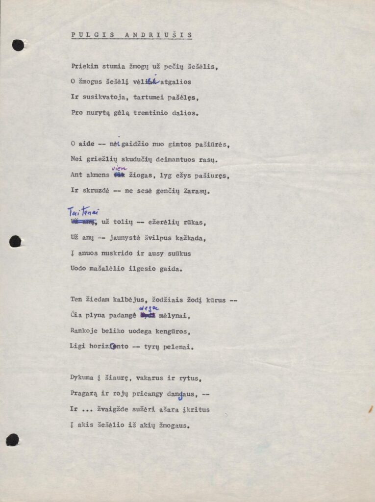 ANTANO GUSTAIČIO EILĖRAŠTIS-DEDIKACIJA PULGIUI ANDRIUŠIUI