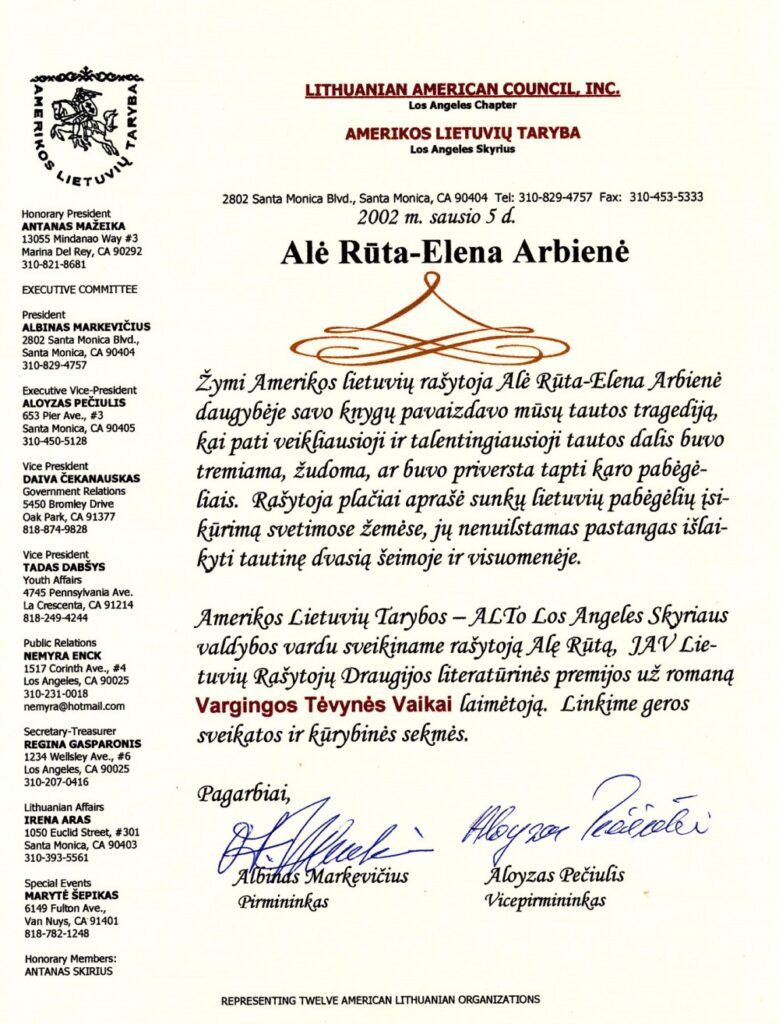Amerikos lietuvių tarybos Los Andželo skyriaus sveikinimas rašytojai Alei Rūtai, laimėjusiai LRD premiją. 2002 m. sausio 5 d.