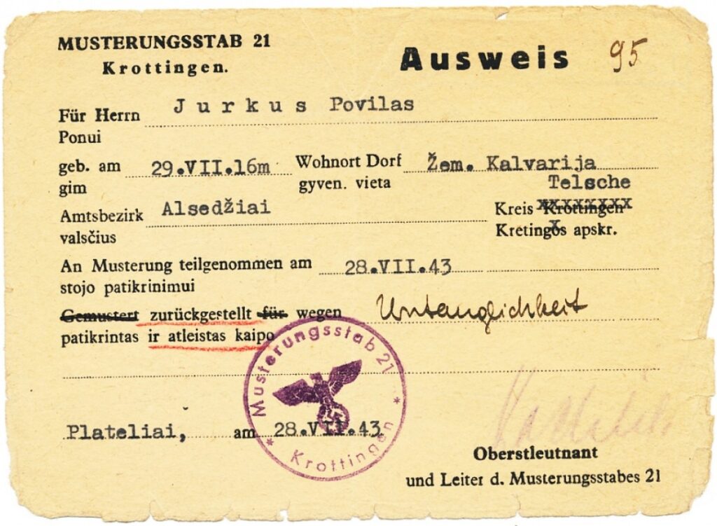 Asmens pažymėjimas, išduotas 1943 m. balandžio 18 d.