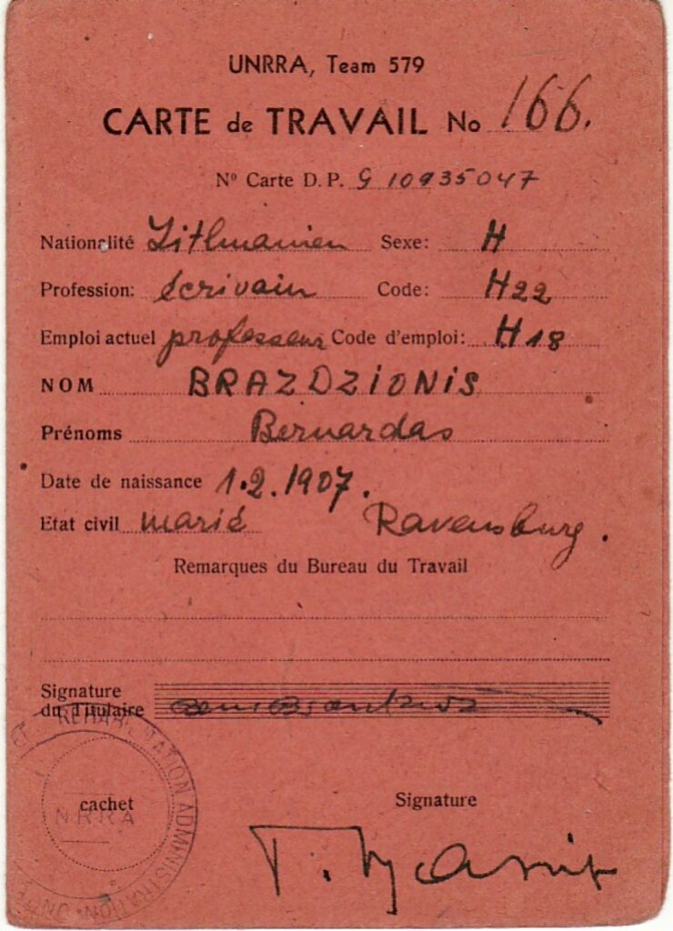 B. Brazdžionio darbo kortelė Nr. 166. 1946–1947 m.