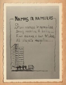 B. Brazdžionio knygos „Rasos karoliai“ kopija. Eilėraštis „Namas ir namukas“, B. Brazdžionio iliustracija