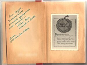 B. Brazdžionio knygos „Rasos karoliai“ kopija. Gimbutų dedikacija