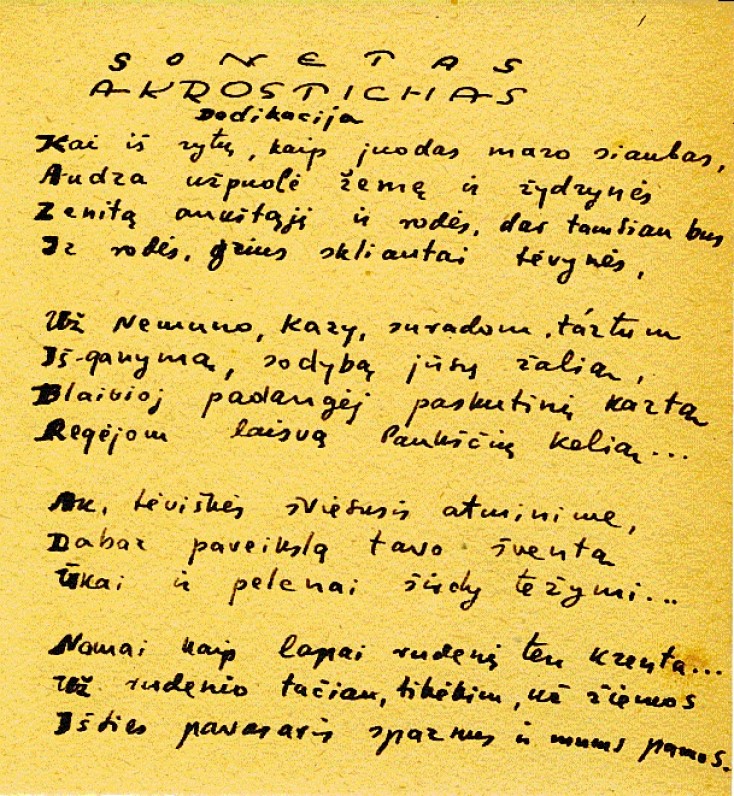 B. Brazdžionio rankraštis. Sonetas akrostichas, skirtas K. Bradūnui