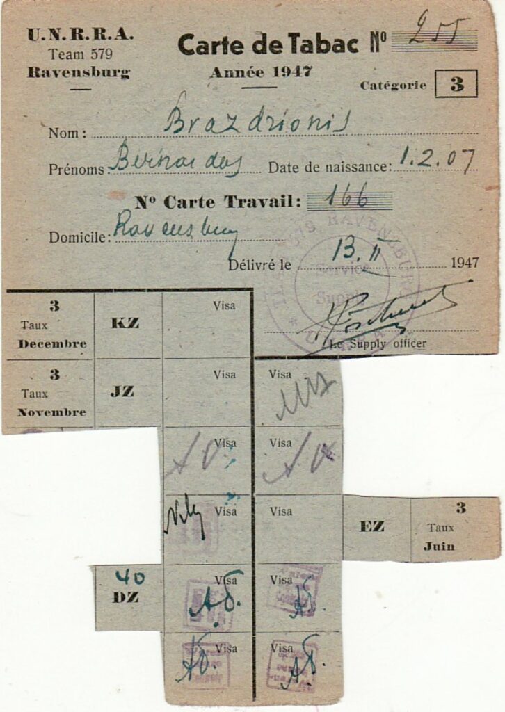 B. Brazdžionio tabako kortelė Nr. 255, išduota Ravensburke 1947 m. vasario 13 d.