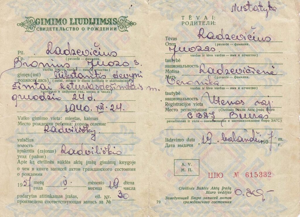 B. Radzevičiaus gimimo liudijimas (nuorašas). Radviliškis
