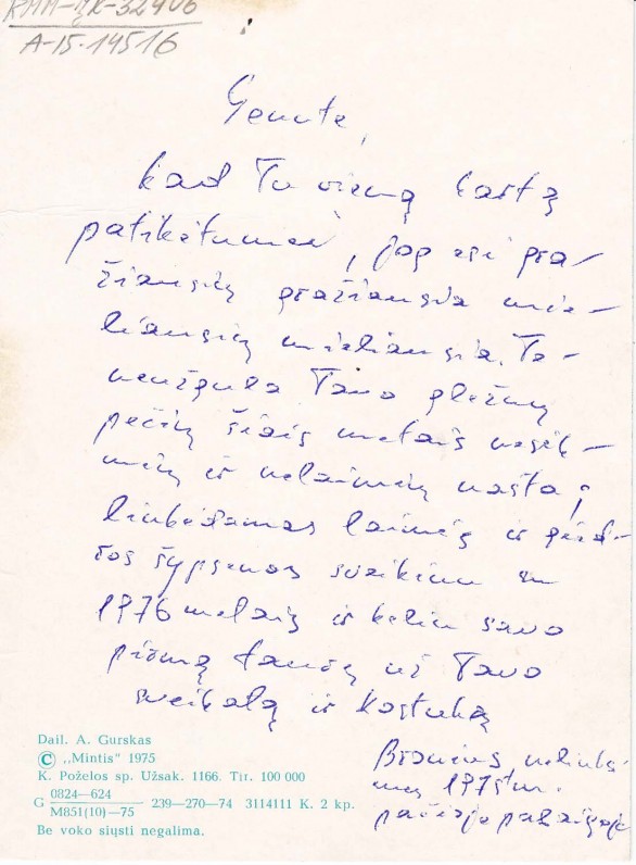 B. Radzevičiaus sveikinimas žmonai Genutei. 1975 m. gruodis
