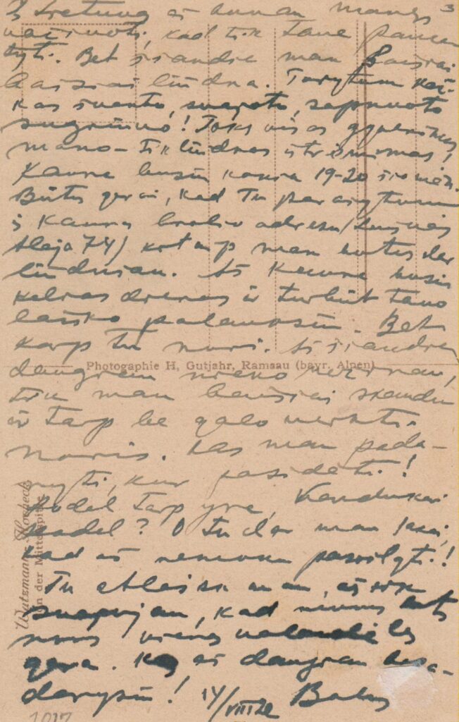 B. Sruogos laiškas V. Daugirdaitei. Miunchenas, 1922 08 14