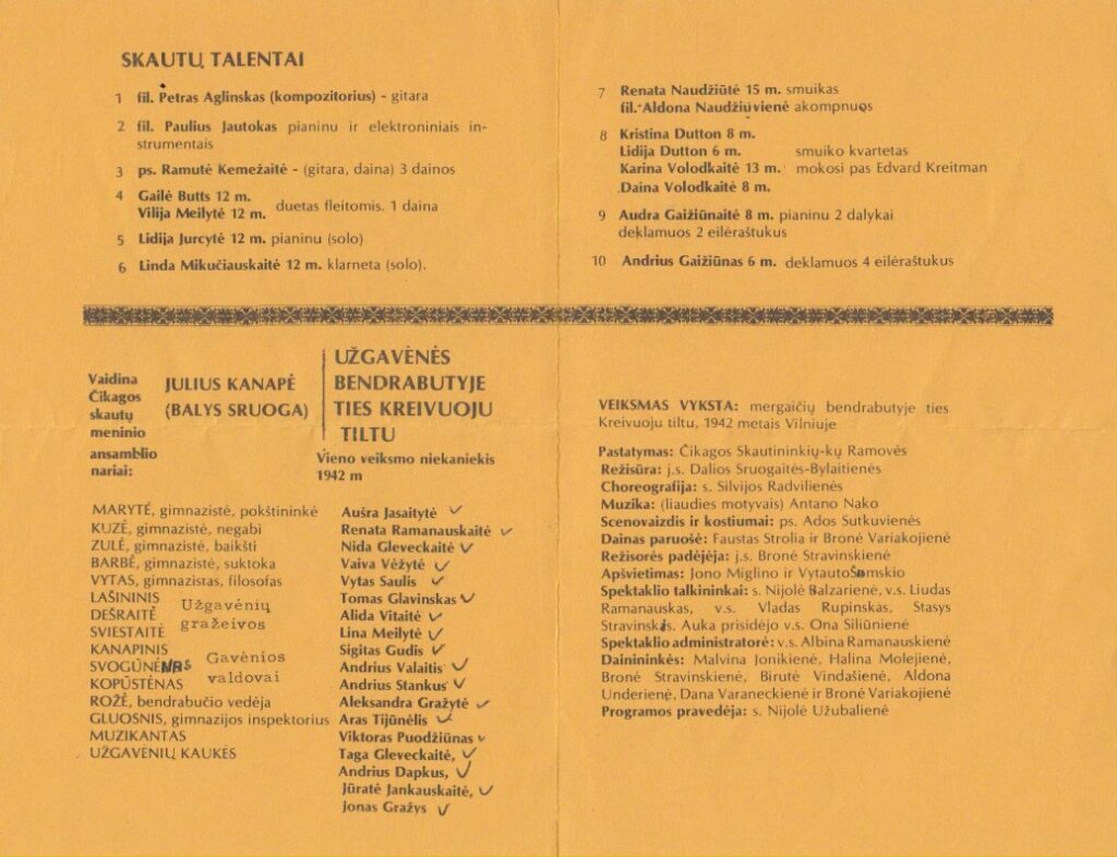 B. Sruogos „Užgavėnės ties kreivuoju tiltu“ spektaklio programa. Čikaga, 1962 m.