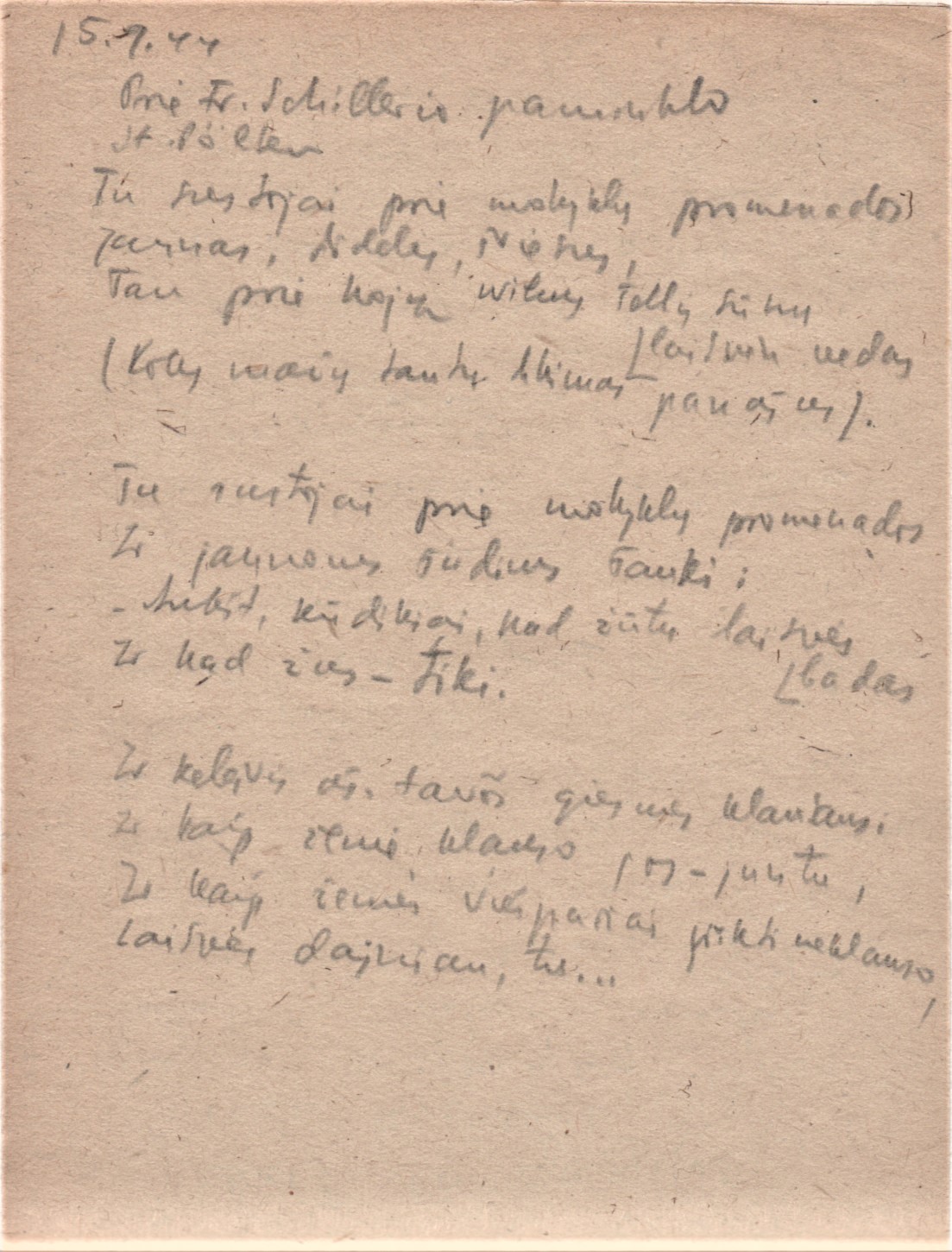 Dienoraščio fragmentas. Eilėraštis „Prie Fr. Šilerio paminklo“ | entext3