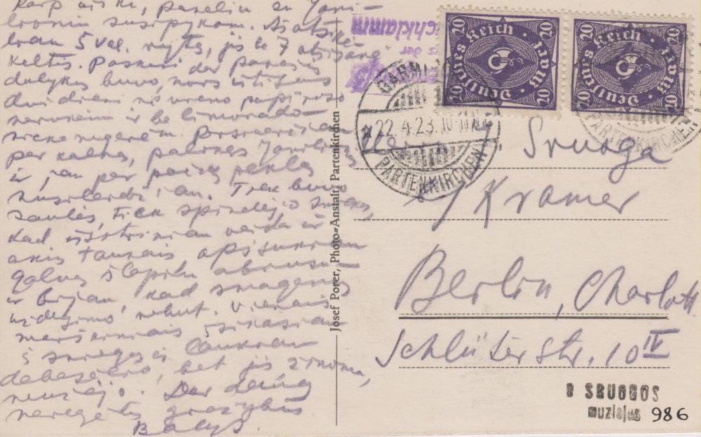 Balio Sruogos laiškas Juozapui Sruogai. Miunchenas, 1923 04 22 (į Berlyną). Atvartas