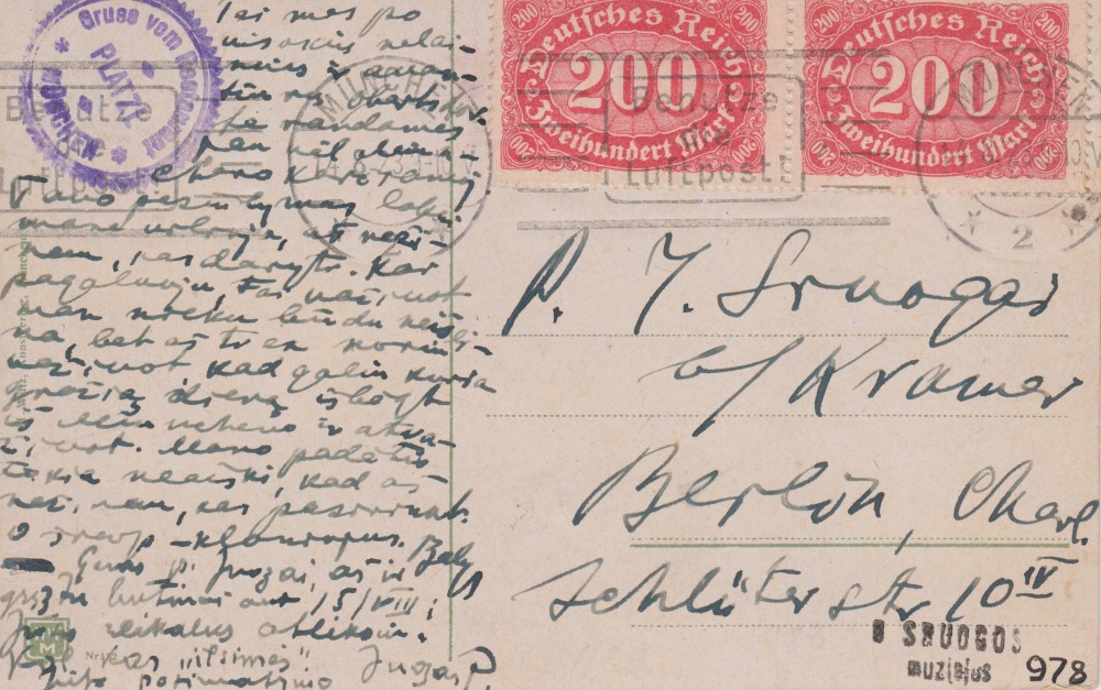 Balio Sruogos laiškas Juozapui Sruogai. Miunchenas, 1923 08 14 (į Berlyną). Atvartas