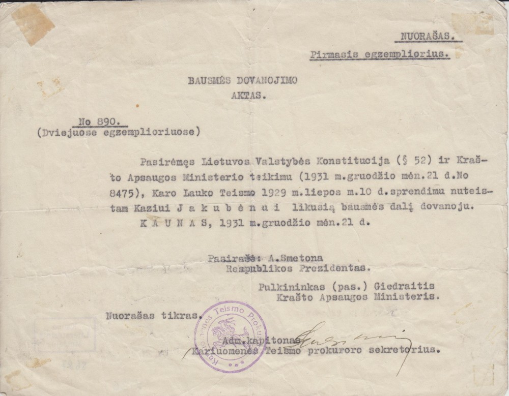 Bausmės dovanojimo aktas. Kaunas. 1931 12 21