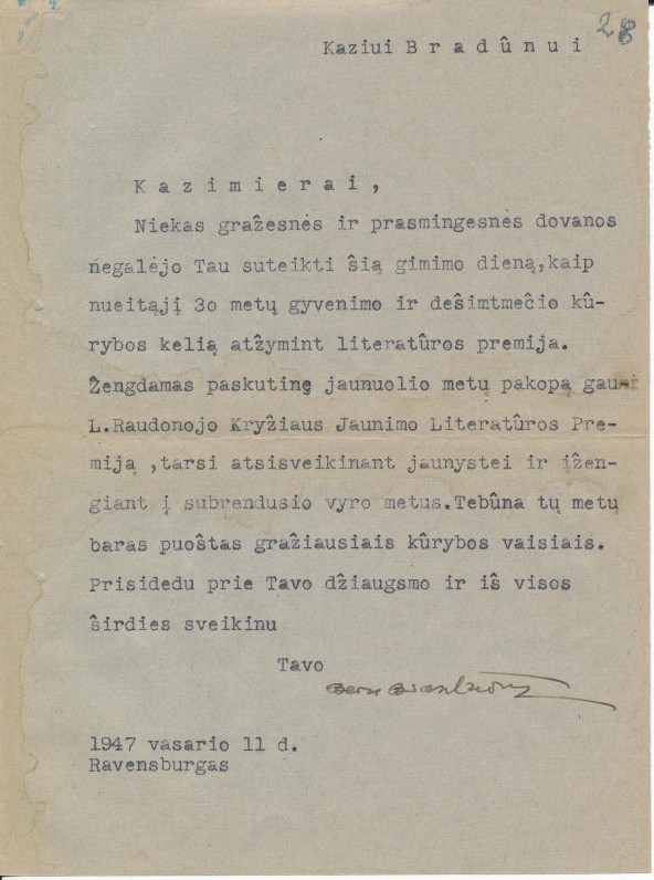 Bernardo Brazdžionio sveikinimas Kaziui Bradūnui