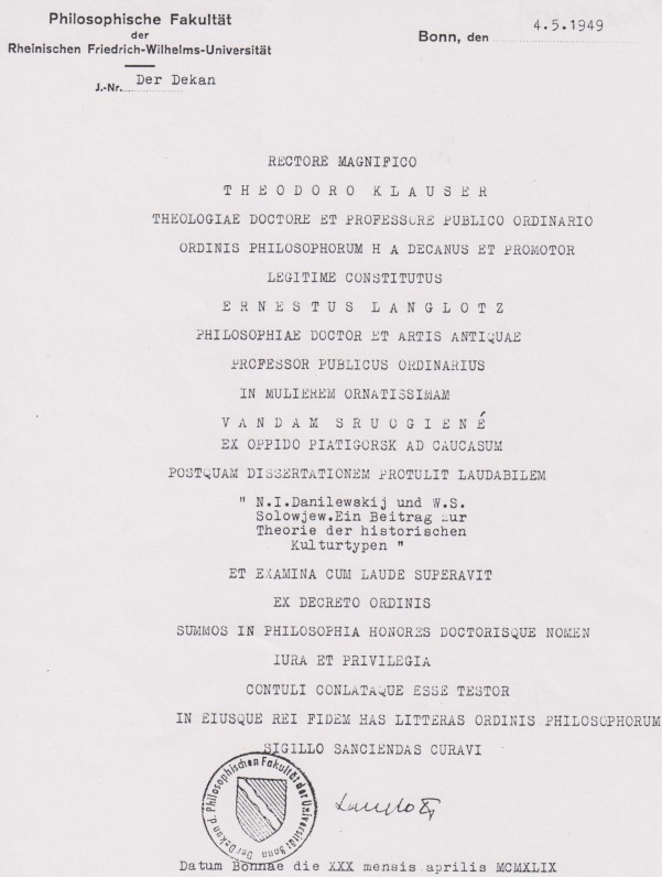 Bonos Fridricho Vilhelmo universiteto filosofijos daktarės diplomas. 1949 m.