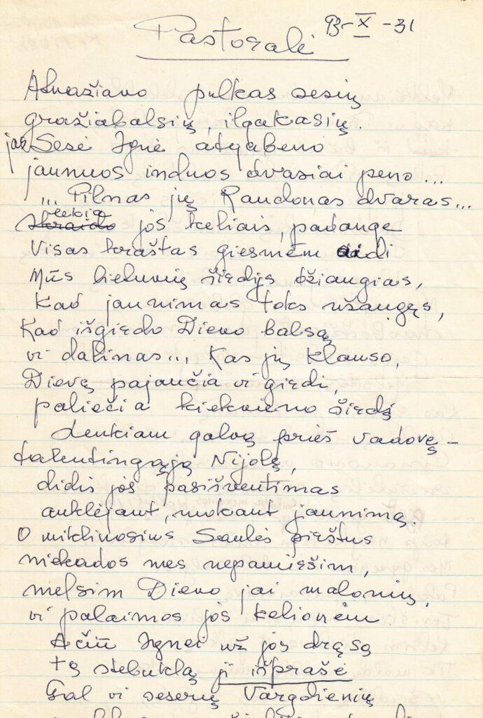 D. Lipčiūtės-Augienės rankraštis „Pastoralė“. 1993 m. spalio 31 d.