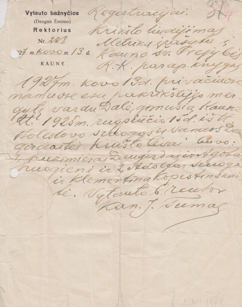D. Sruogaitės Krikšto liudijimas. Kaunas, 1927 03 13