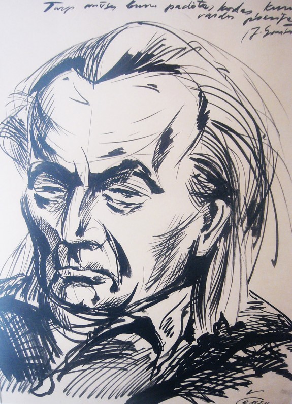 Dailininkas Romualdas Čarna. Portretas „Paskutinis susitikimas su Juozu Grušu“. Kartonas, anglis. 1986 m. sausio 11 d. Kaunas