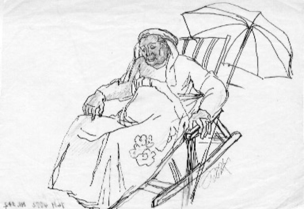 Dailininkė Jadvyga Mozūraitė-Klemkienė. Piešinys „J.Grušas sode prie savo namų“. Vaškinis popierius, tušas. 1986 m. Kaunas