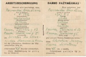Darbo Maironio muziejuje pažymėjimas, išduotas B. Brazdžioniui 1942 m. gegužės 7 d. Vilniuje