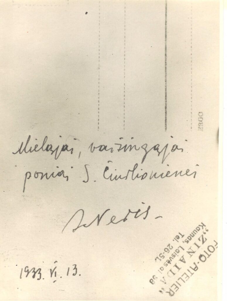 Dedikacija S. Čiurlionienei. 1933 m. birželio 13 d.
