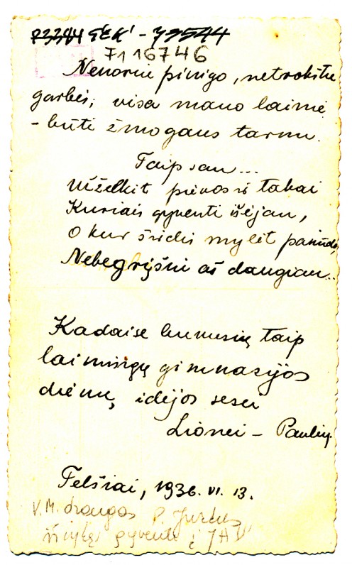 Dedikacija gimnazijos draugei Lionei