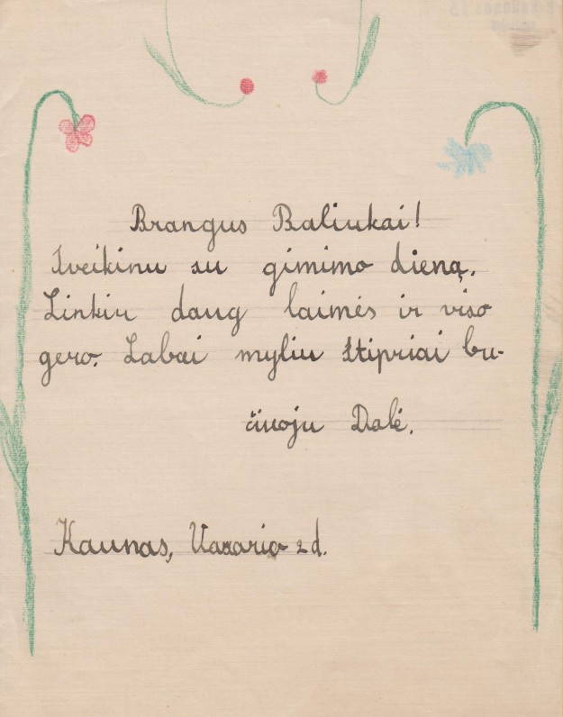 Dukros Dalios sveikinimas B. Sruogai gimimo dienos proga. Kaunas, 1936 02 02