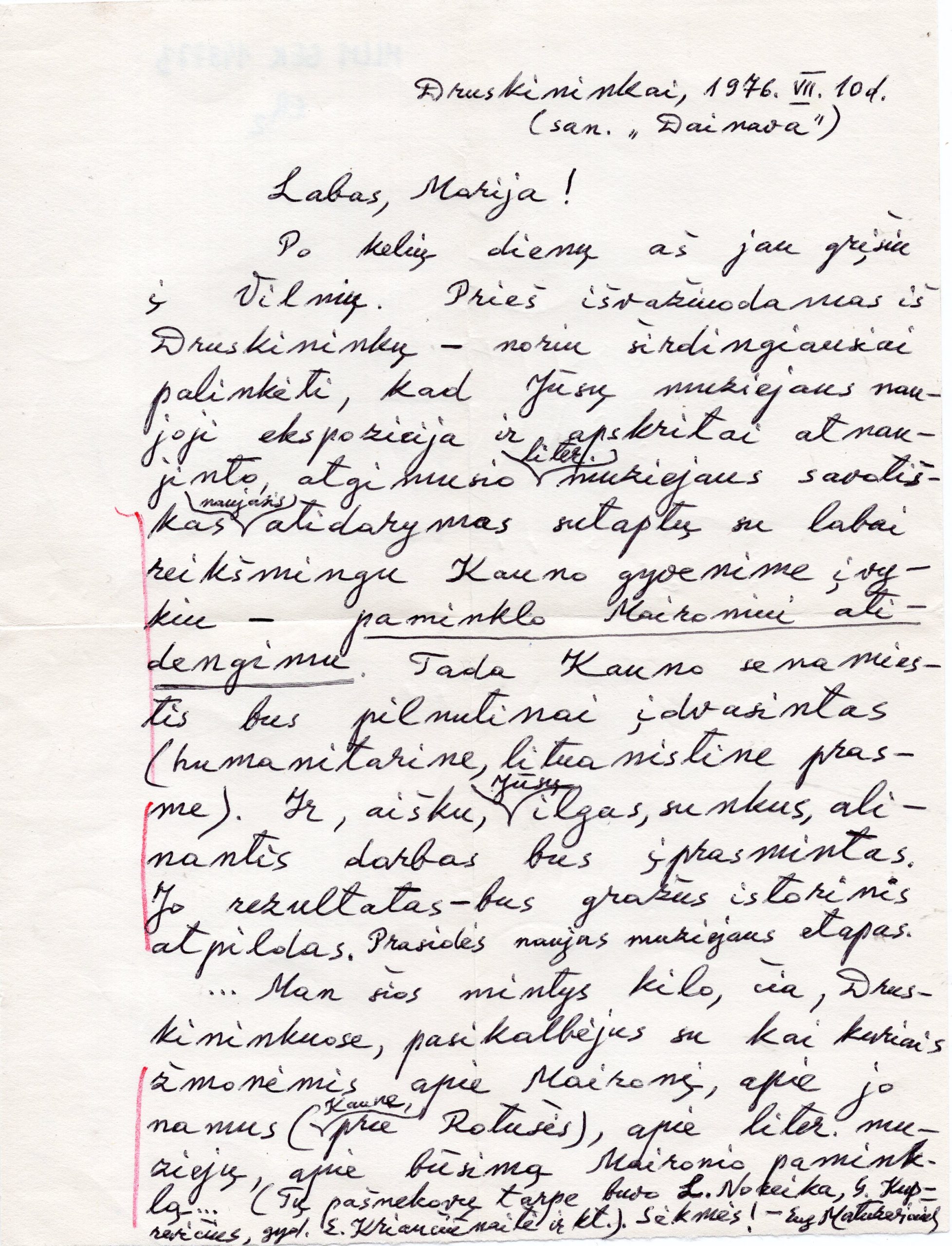 E. Matuzevičiaus laiškas M. Macijauskienei. Druskininkai, 1976-07-10 MLLM 148773