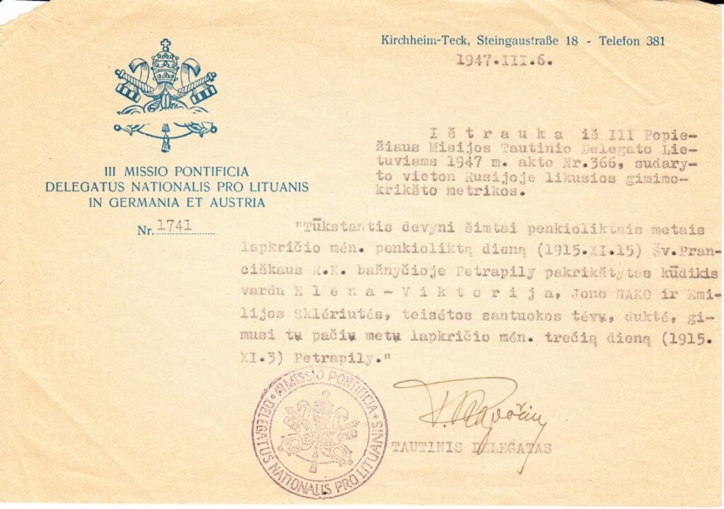 E. V. Nakaitės gimimo liudijimo kopija, išduota 1947 m. Vokietijoje