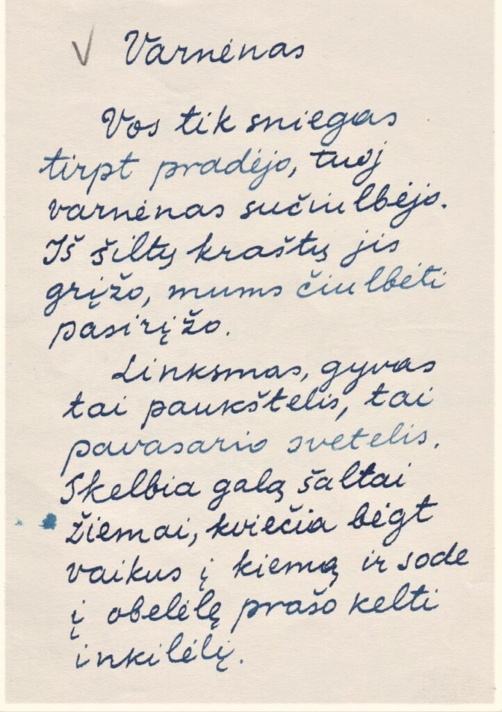 Eilėraščio „Varnėnas “ rankraštis